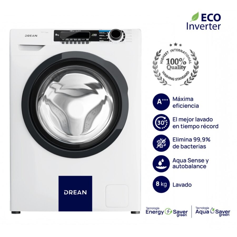 Lavarropas DREAN Carga Frontal Ecoinverter 8 Kg Blanco - LCFDR0814SB0
